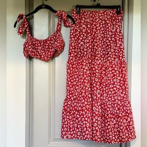 SHEIN Red and White Floral Skirt&Top